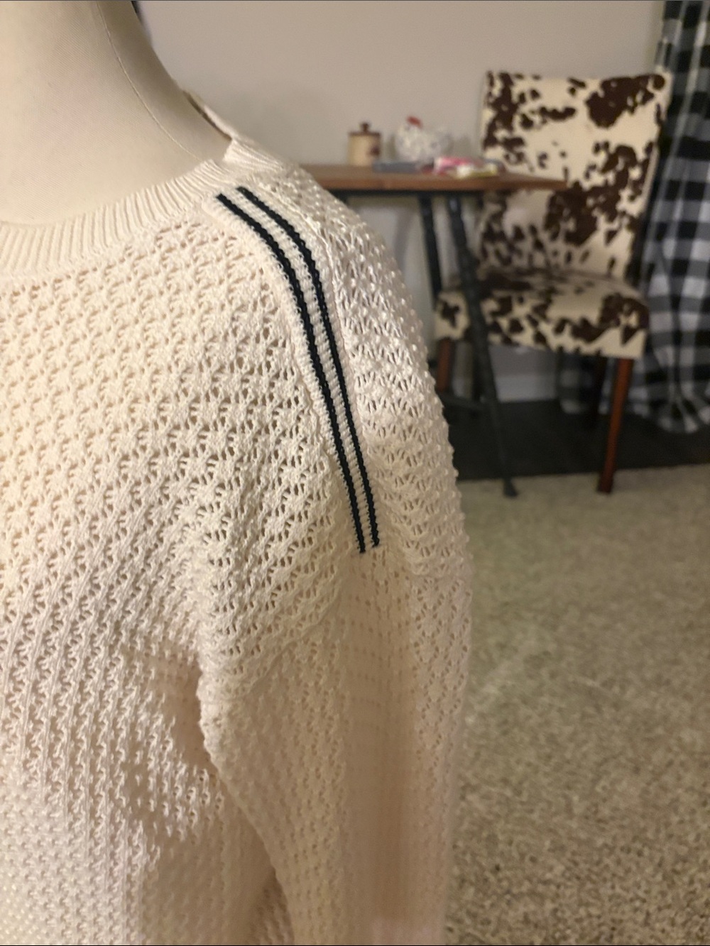 Lou & Grey Cream Knit Crewneck Sweater with Black Stripe Trim and Drawstring - Picture 3 of 7